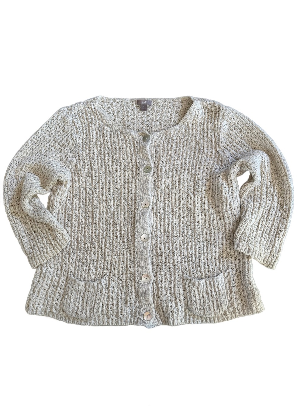 J. Jill Cotton Linen Sweater Cream Textured Knit Cardigan Coastal Fisherman M/L